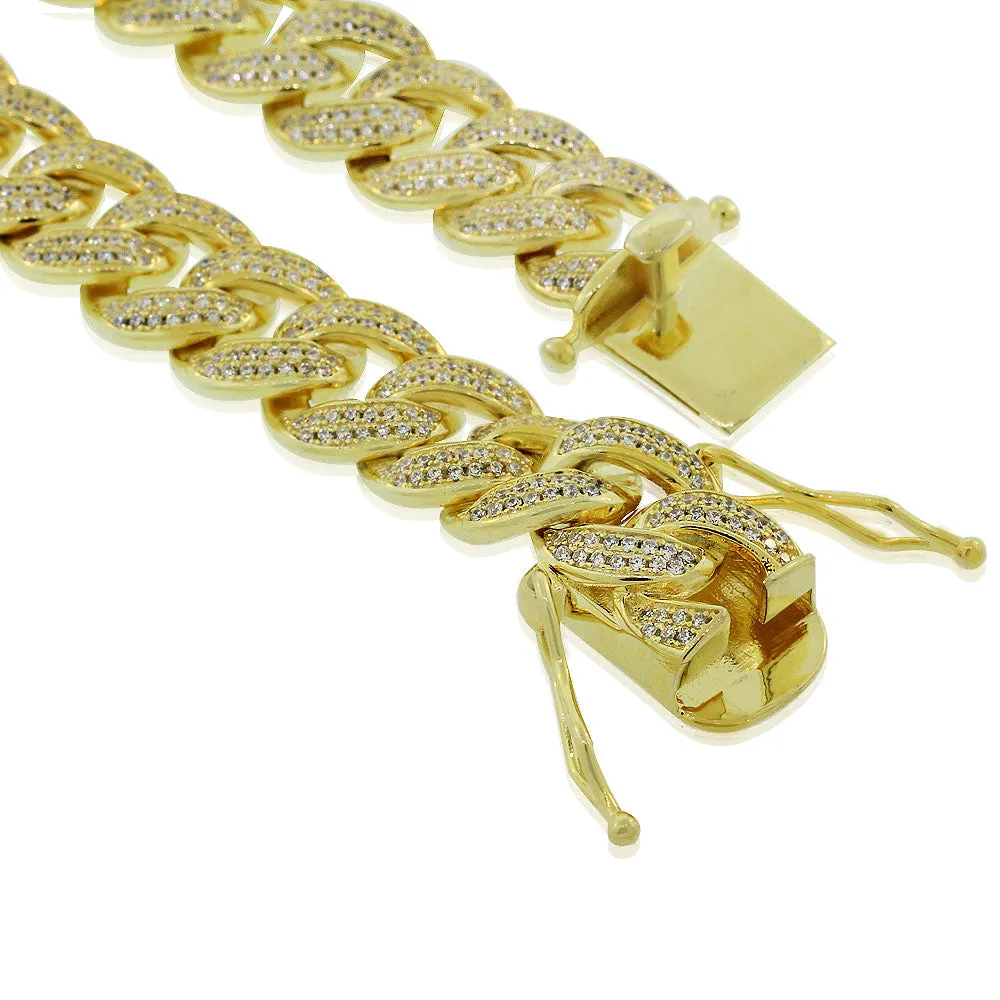 925 Sterling Silver Yellow Gold-Tone CZ Miami Link Hip-Hop Large Heavy Chain Bracelet Set