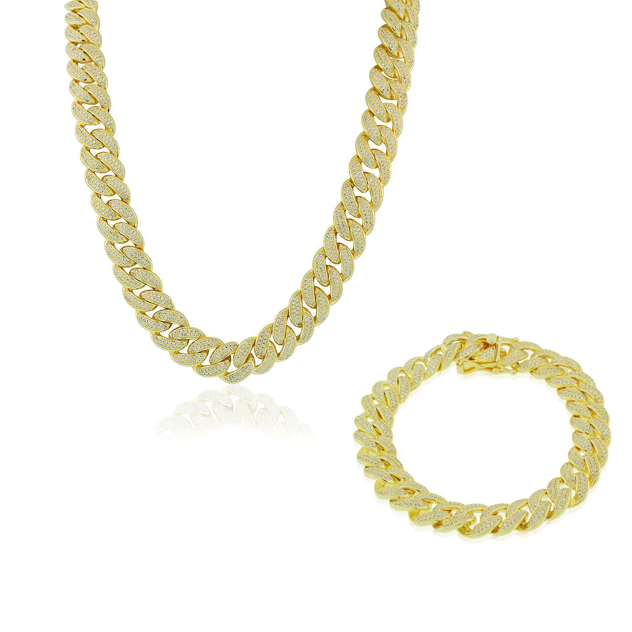 925 Sterling Silver Yellow Gold-Tone CZ Miami Link Hip-Hop Large Heavy Chain Bracelet Set