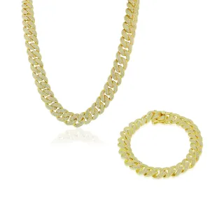 925 Sterling Silver Yellow Gold-Tone CZ Miami Link Hip-Hop Large Heavy Chain Bracelet Set