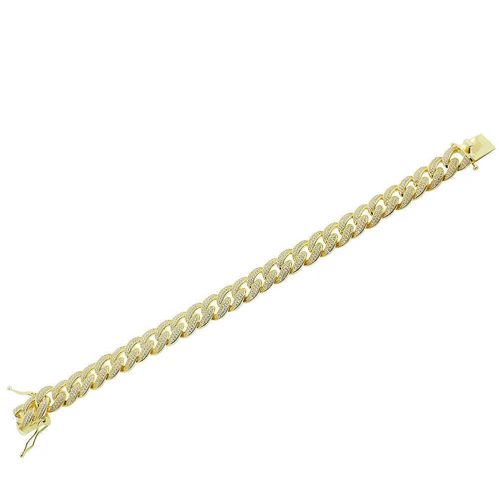 925 Sterling Silver Yellow Gold-Tone CZ Miami Link Hip-Hop Large Heavy Chain Bracelet Set
