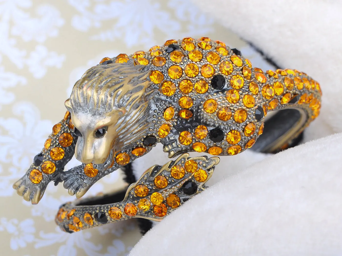 Antique Royal Brass Lion Topaz Brown Amber Bangle Bracelet