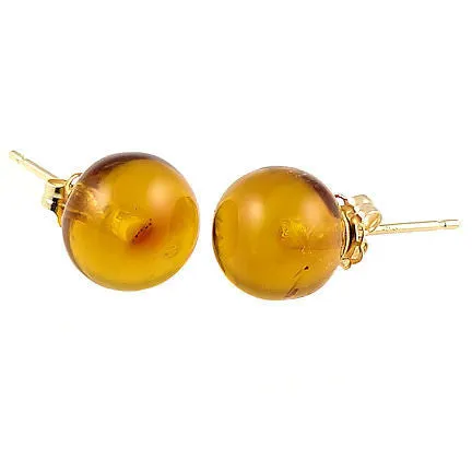 Anya: Natural Baltic Amber Ball Stud Earrings 14K Yellow Gold