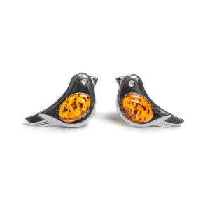 BIRD STUD EARRINGS IN SILVER AND AMBER