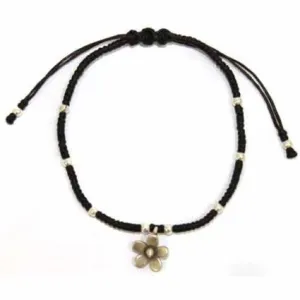Black waxed &amp; Silver Flower Bracelet