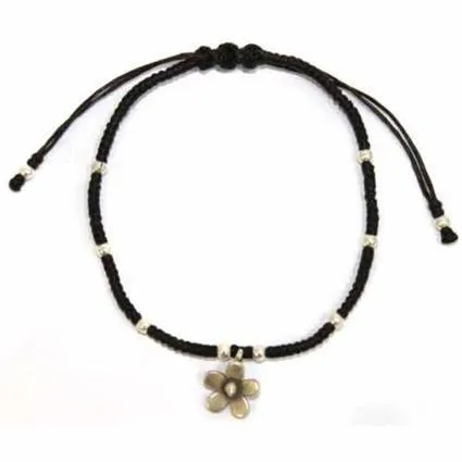 Black waxed &amp; Silver Flower Bracelet