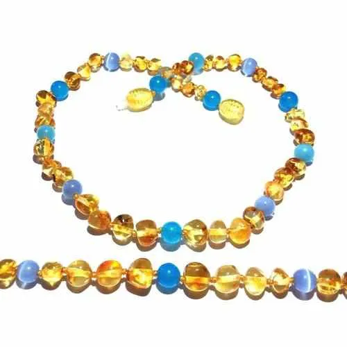 Childs Paradise Baltic Amber Blue Cats Eyes Aquamarine Beads Gemstone Necklace