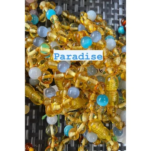 Childs Paradise Baltic Amber Blue Cats Eyes Aquamarine Beads Gemstone Necklace