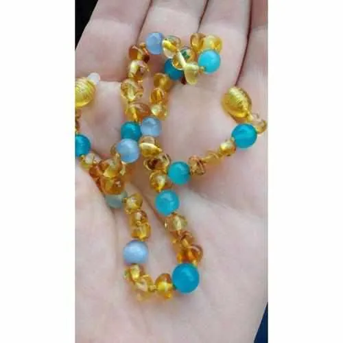 Childs Paradise Baltic Amber Blue Cats Eyes Aquamarine Beads Gemstone Necklace