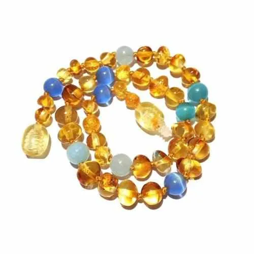 Childs Paradise Baltic Amber Blue Cats Eyes Aquamarine Beads Gemstone Necklace