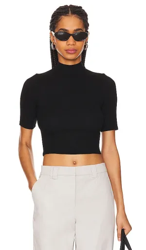 Enza Costa Silk Rib Cropped Half Sleeve Mock Neck in Black