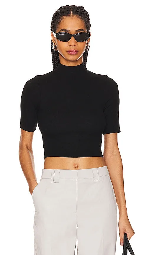Enza Costa Silk Rib Cropped Half Sleeve Mock Neck in Black