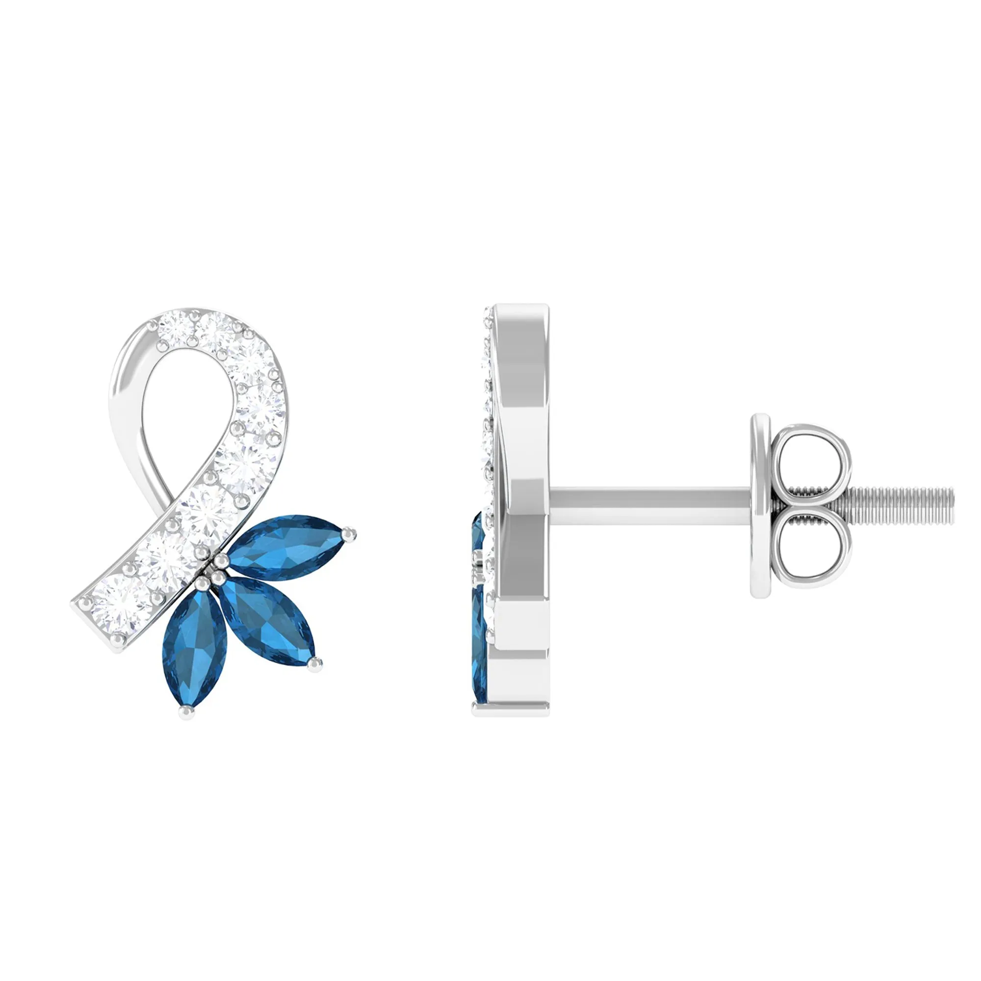 Floral Inspired London Blue Topaz and Diamond Stud Earrings