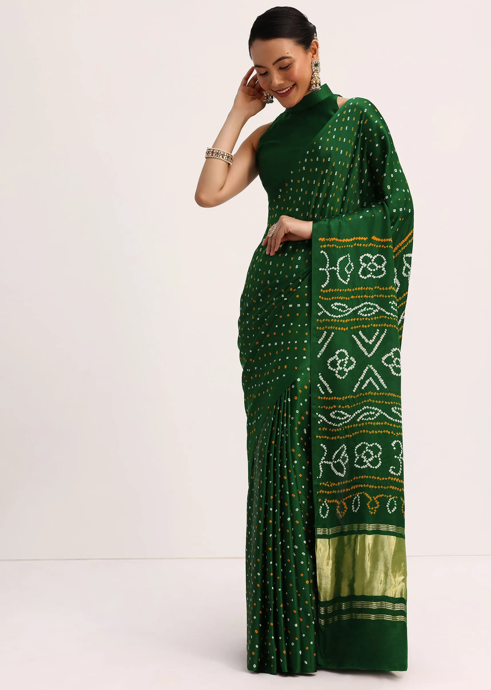 Green Satin Bandhani Tie Dye Saree With Unstitched Blouse