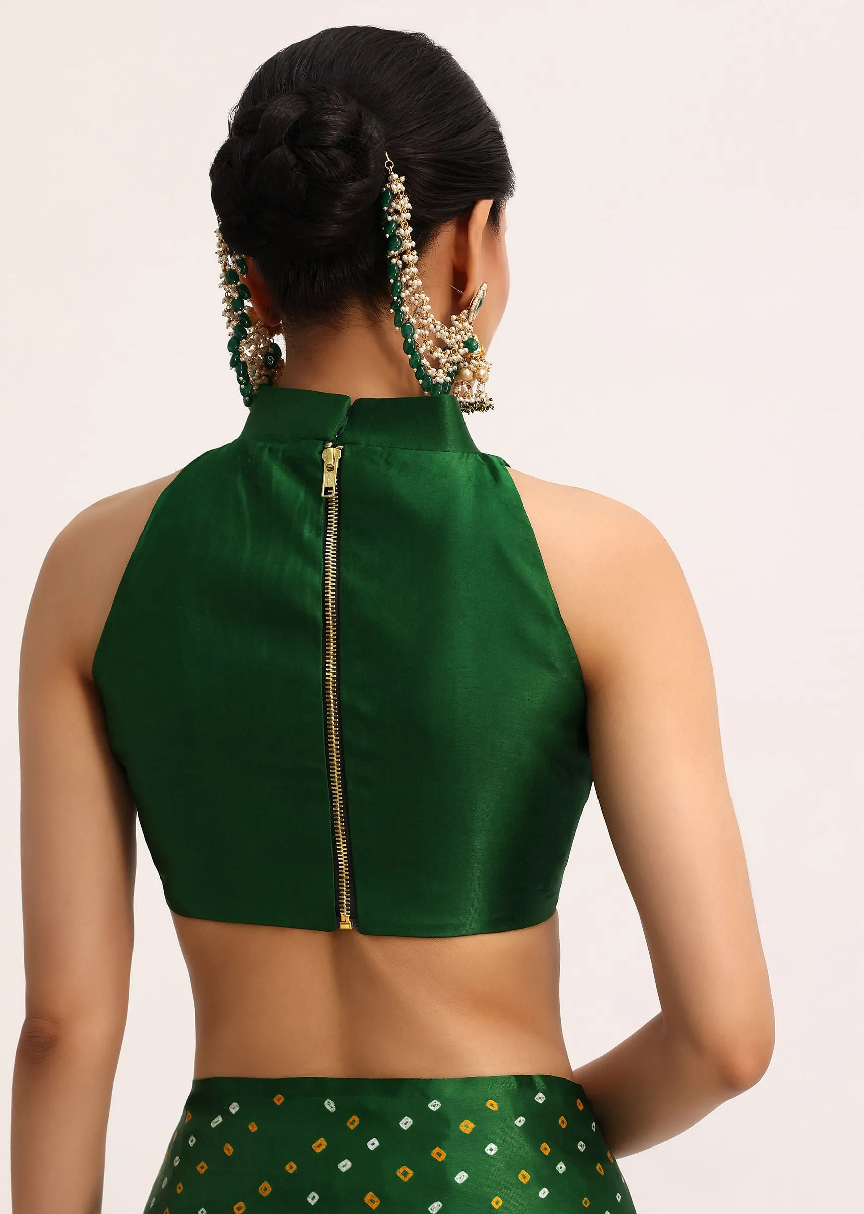 Green Satin Bandhani Tie Dye Saree With Unstitched Blouse
