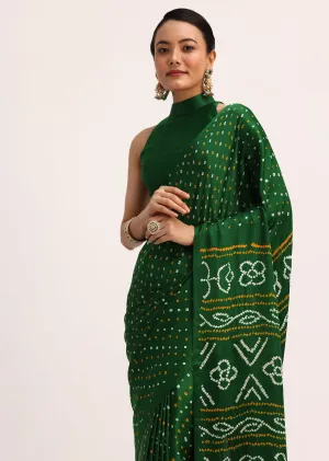 Green Satin Bandhani Tie Dye Saree With Unstitched Blouse