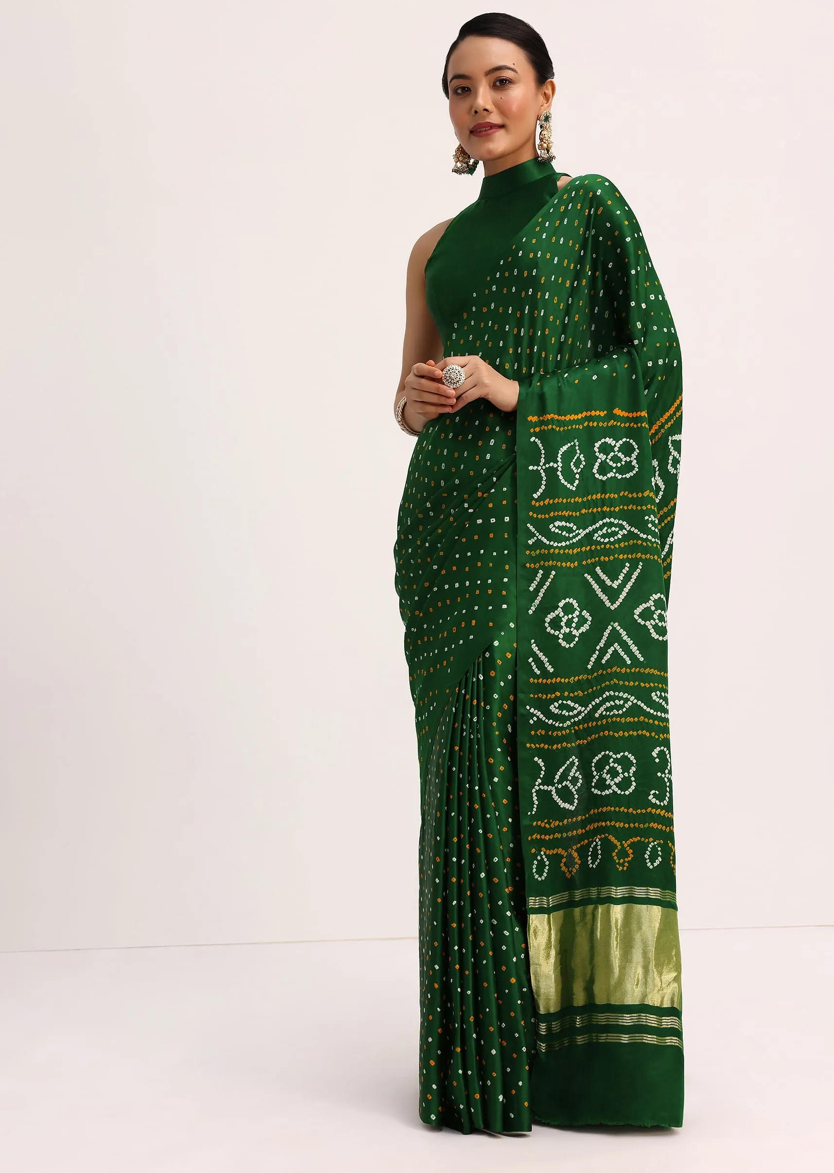Green Satin Bandhani Tie Dye Saree With Unstitched Blouse