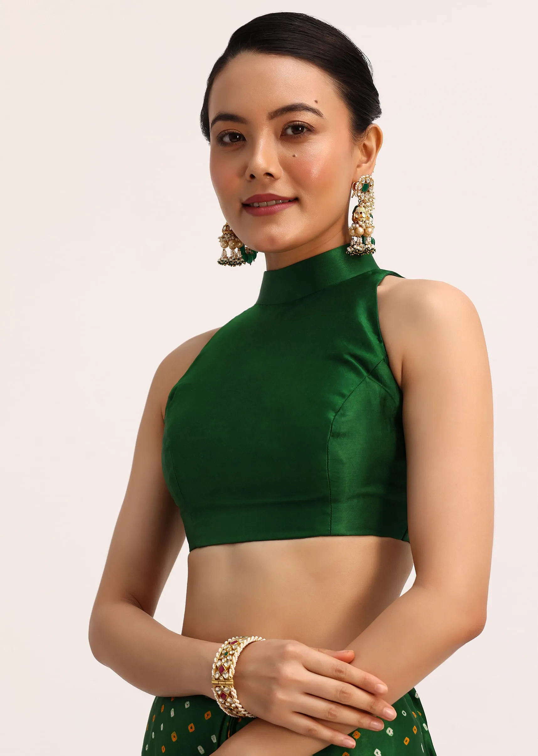 Green Satin Bandhani Tie Dye Saree With Unstitched Blouse