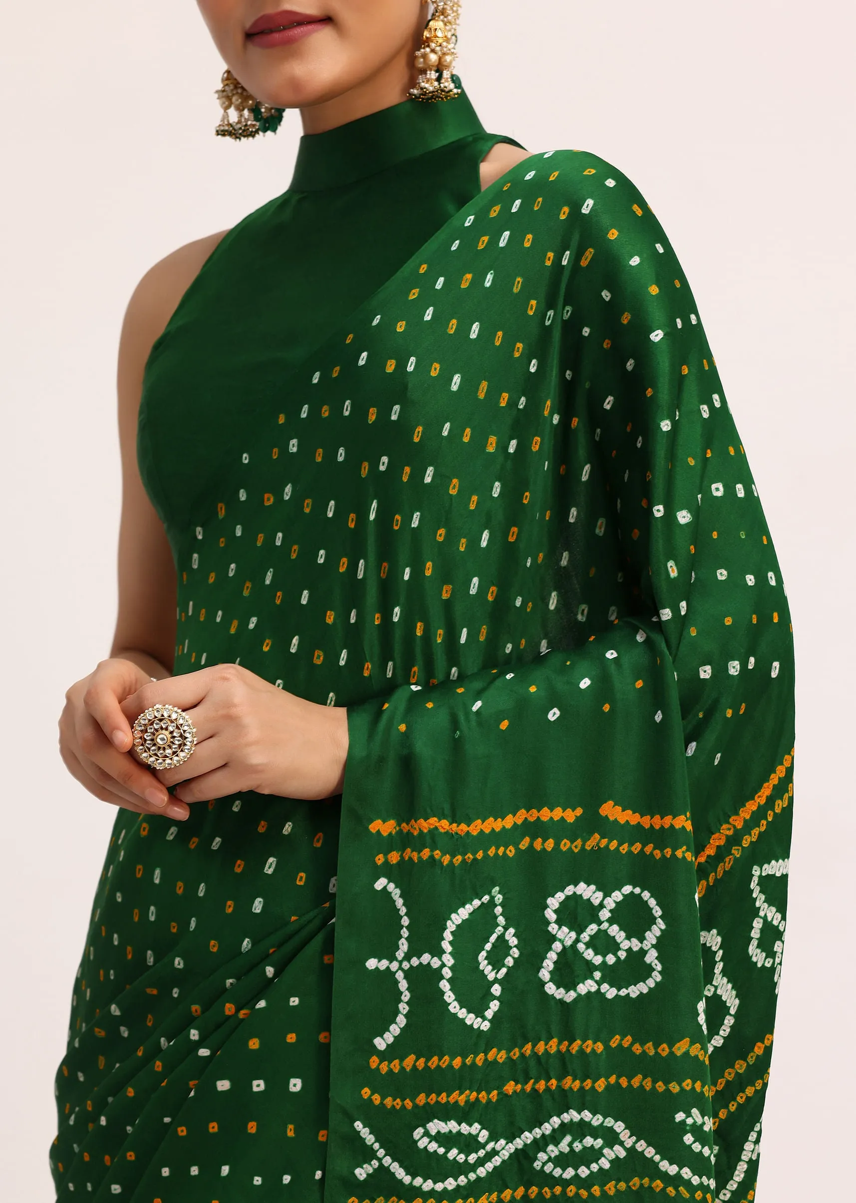 Green Satin Bandhani Tie Dye Saree With Unstitched Blouse