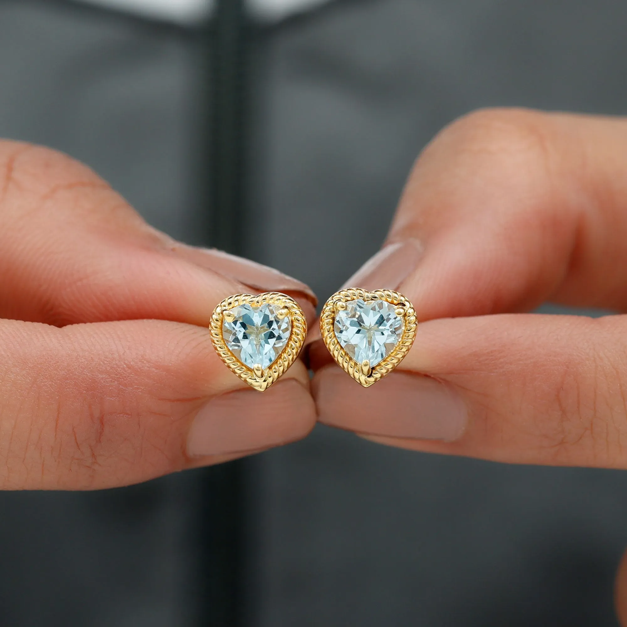 Heart Shape Sky Blue Topaz Solitaire Stud earrings with Twisted Rope Frame