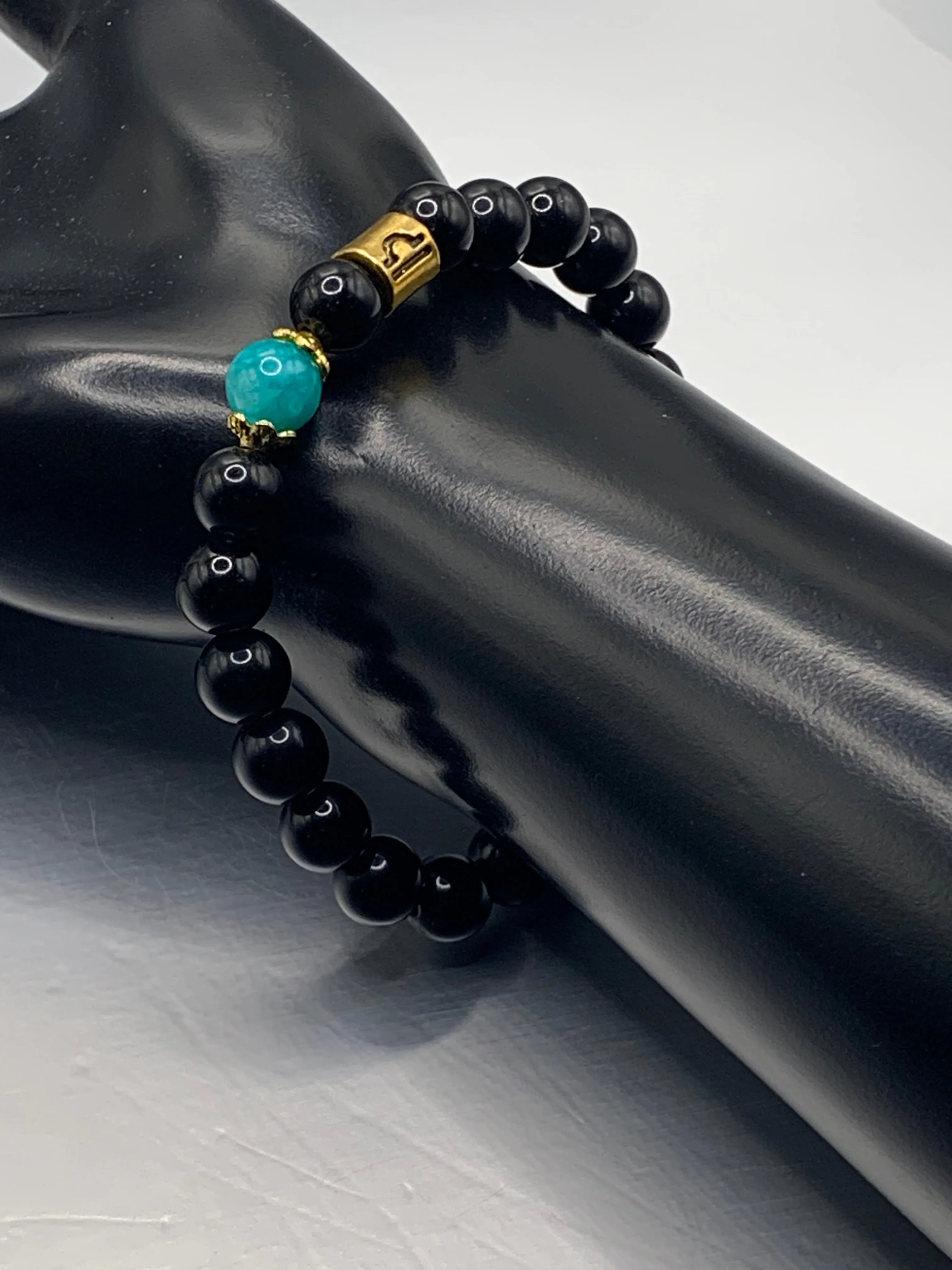 Libra Zodiac black obsidian with aquamarine chalcedony elastic beaded bracelet with gold accents