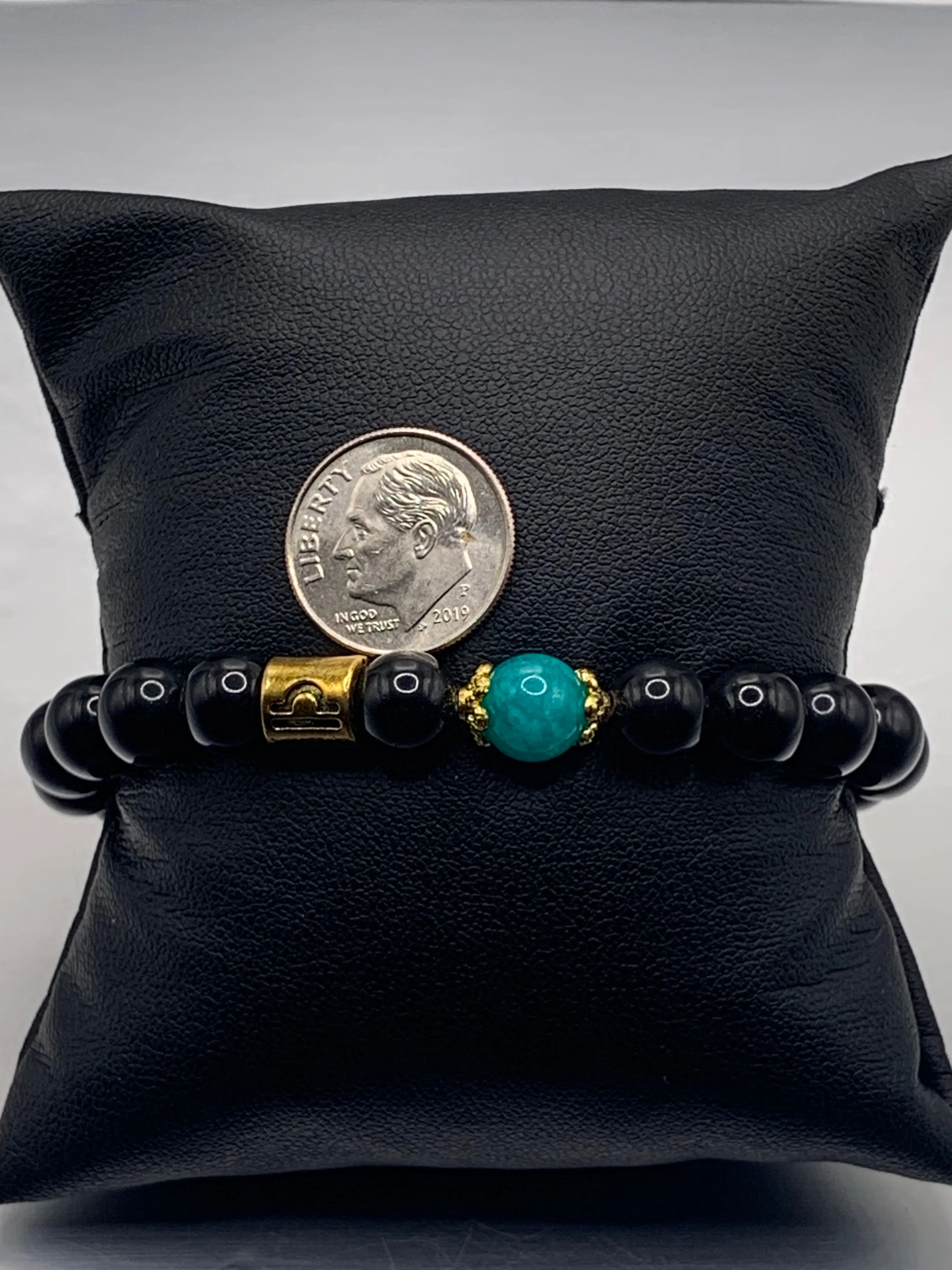 Libra Zodiac black obsidian with aquamarine chalcedony elastic beaded bracelet with gold accents
