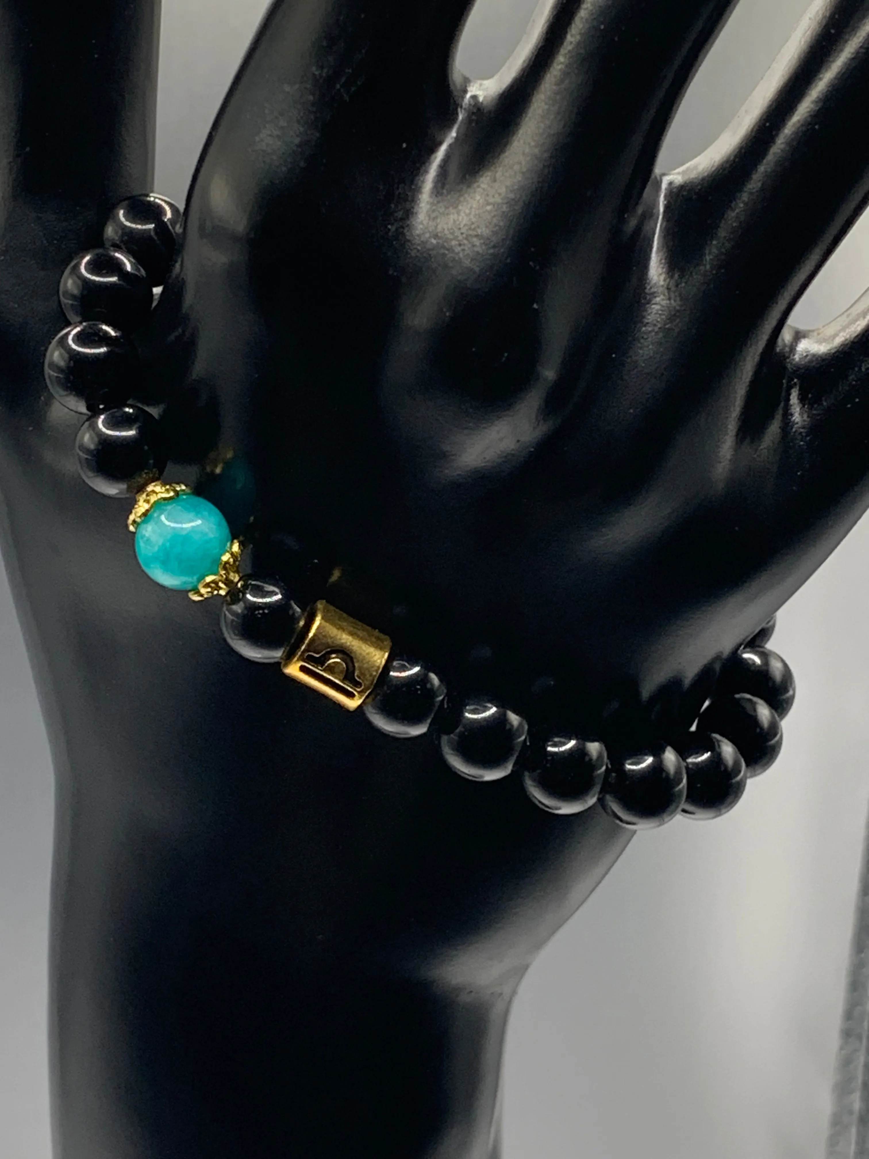 Libra Zodiac black obsidian with aquamarine chalcedony elastic beaded bracelet with gold accents
