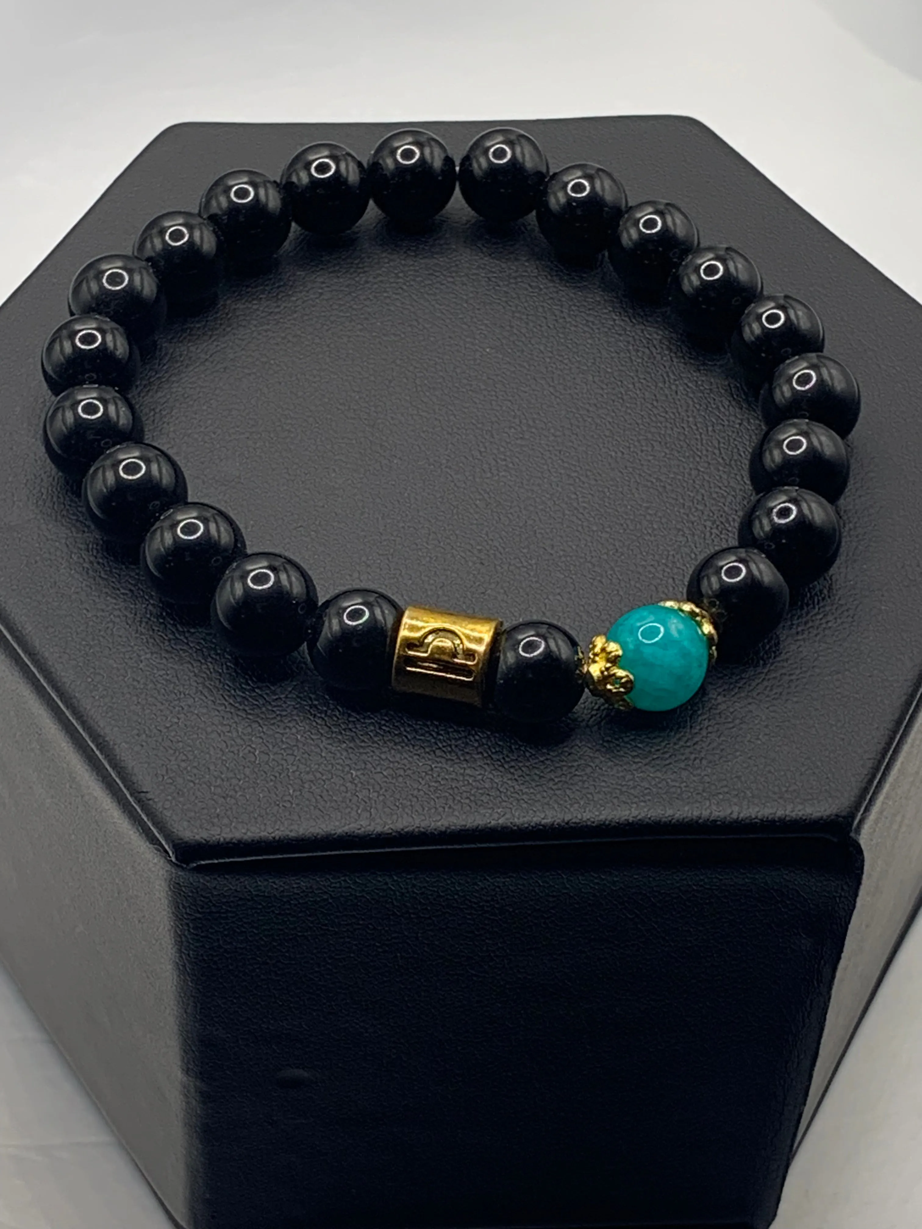 Libra Zodiac black obsidian with aquamarine chalcedony elastic beaded bracelet with gold accents