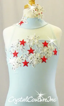 Light Blue Leotard with Sheer Mesh Draping - Swarovski Rhinestones