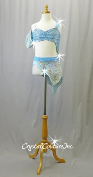 Lt Blue Connected 2 Ppb Bra-Top with Trunk/Asymmetrical Lace Skirt - Asymmetrical Skirt - Swarovski Rhinestones