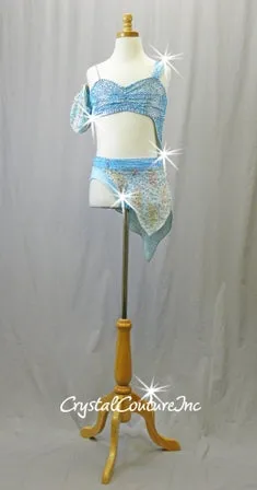 Lt Blue Connected 2 Ppb Bra-Top with Trunk/Asymmetrical Lace Skirt - Asymmetrical Skirt - Swarovski Rhinestones