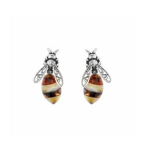 MILENA stud earrings Silver and Amber small Bee