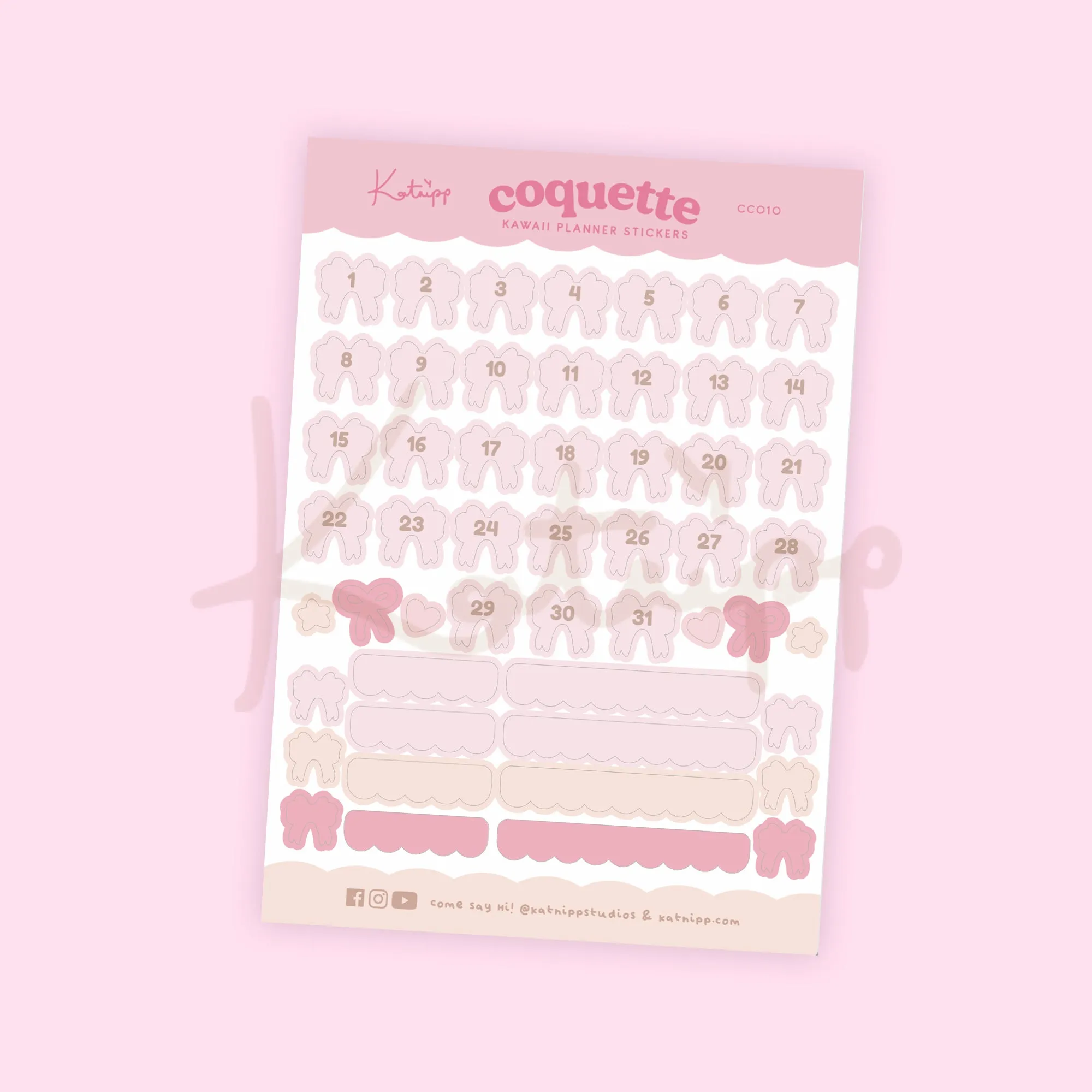 Pink Coquette Bow Daily Number Stickers | Kawaii Pink Bow Date Stickers 1-31 | CC010