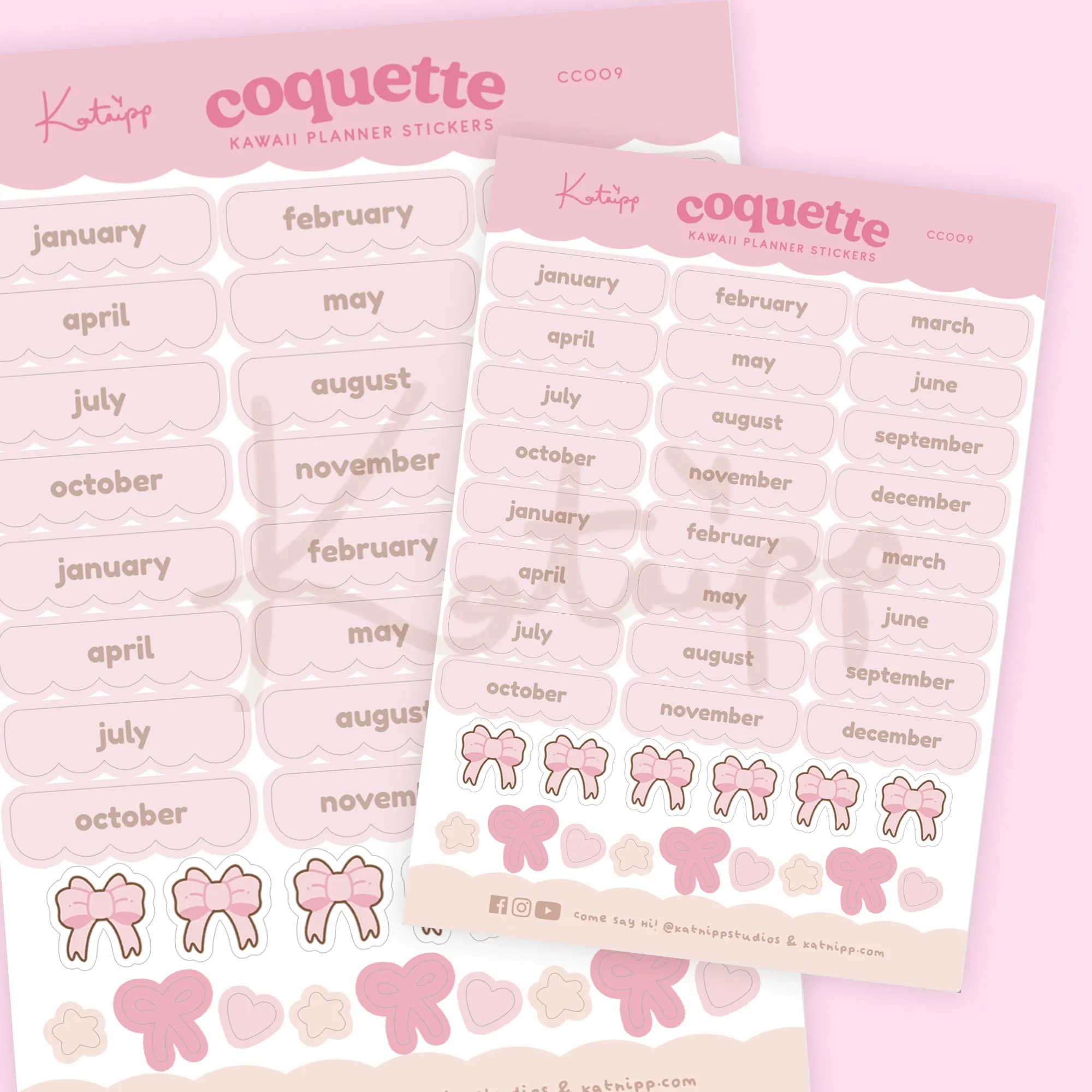 Pink Coquette Bow Monthly Planner Stickers | Kawaii Yearly Organiser Stickers | CC009