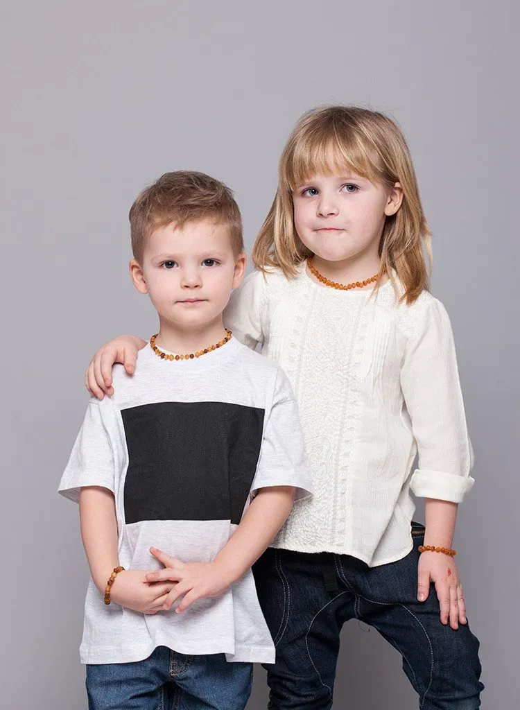 RAW AMBER TEETHING NECKLACE & BRACELET FOR CHILDREN / HONEY COLOUR / UNPOLISHED / EXTRA SAFE & EFFECTIVE