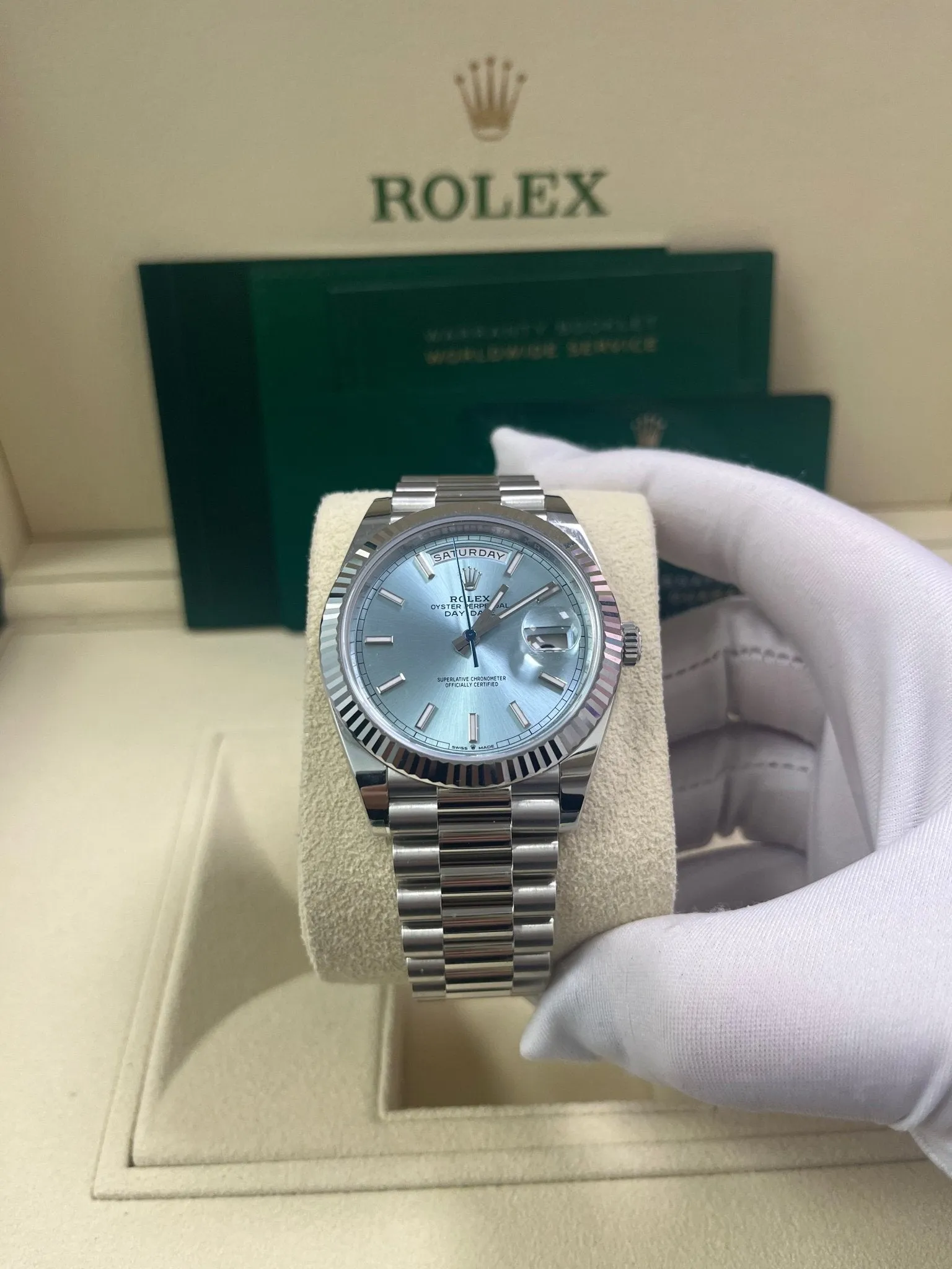 Rolex Day-Date 40 Platinum Day-Date 40 Watch - Fluted Bezel - Ice Blue Index Dial President Bracelet 228236