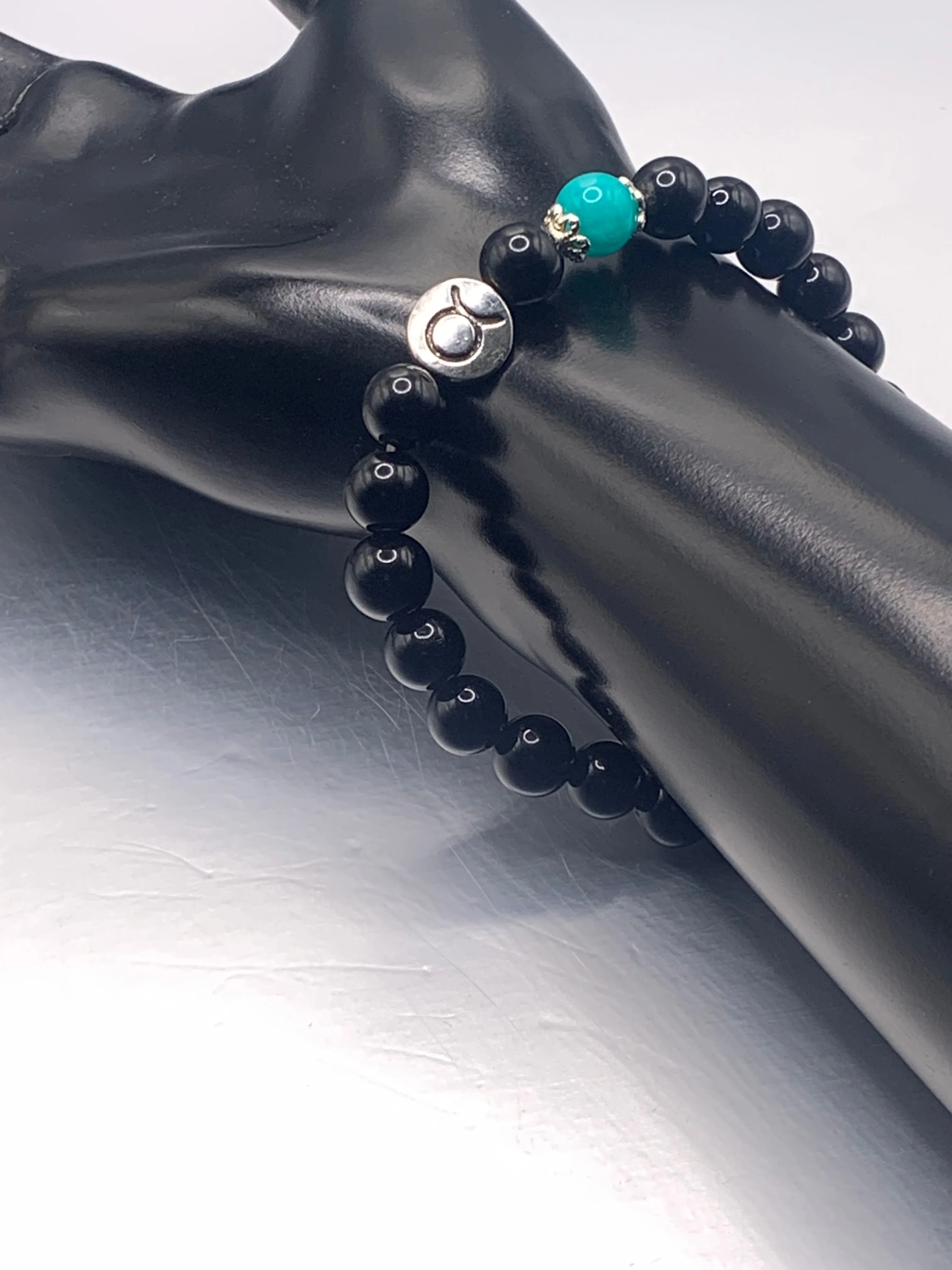 Taurus Zodiac black obsidian with aquamarine chalcedony semi precious stone/crystal elastic beaded bracelet with silver accents