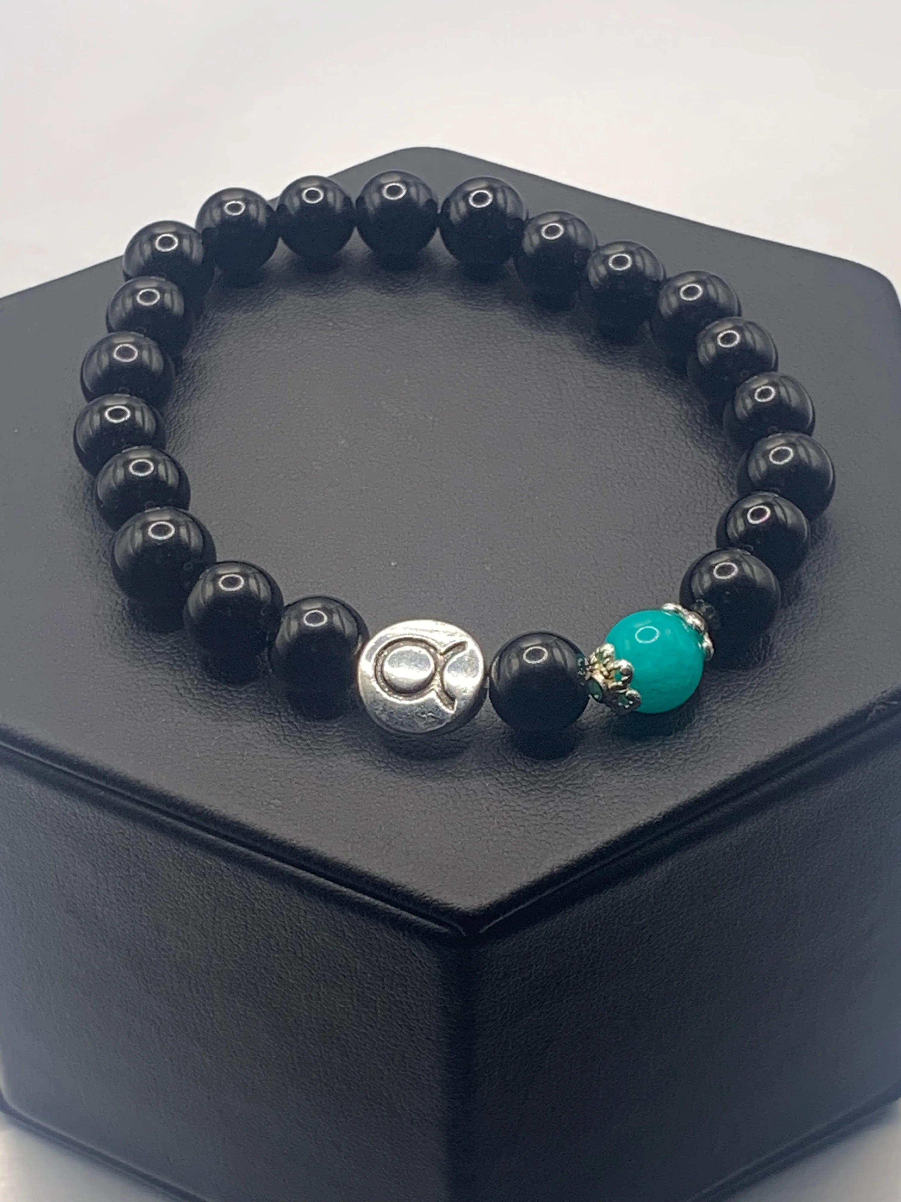 Taurus Zodiac black obsidian with aquamarine chalcedony semi precious stone/crystal elastic beaded bracelet with silver accents