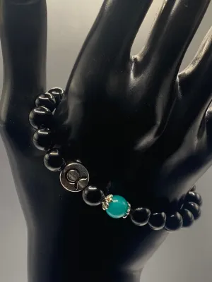 Taurus Zodiac black obsidian with aquamarine chalcedony semi precious stone/crystal elastic beaded bracelet with silver accents