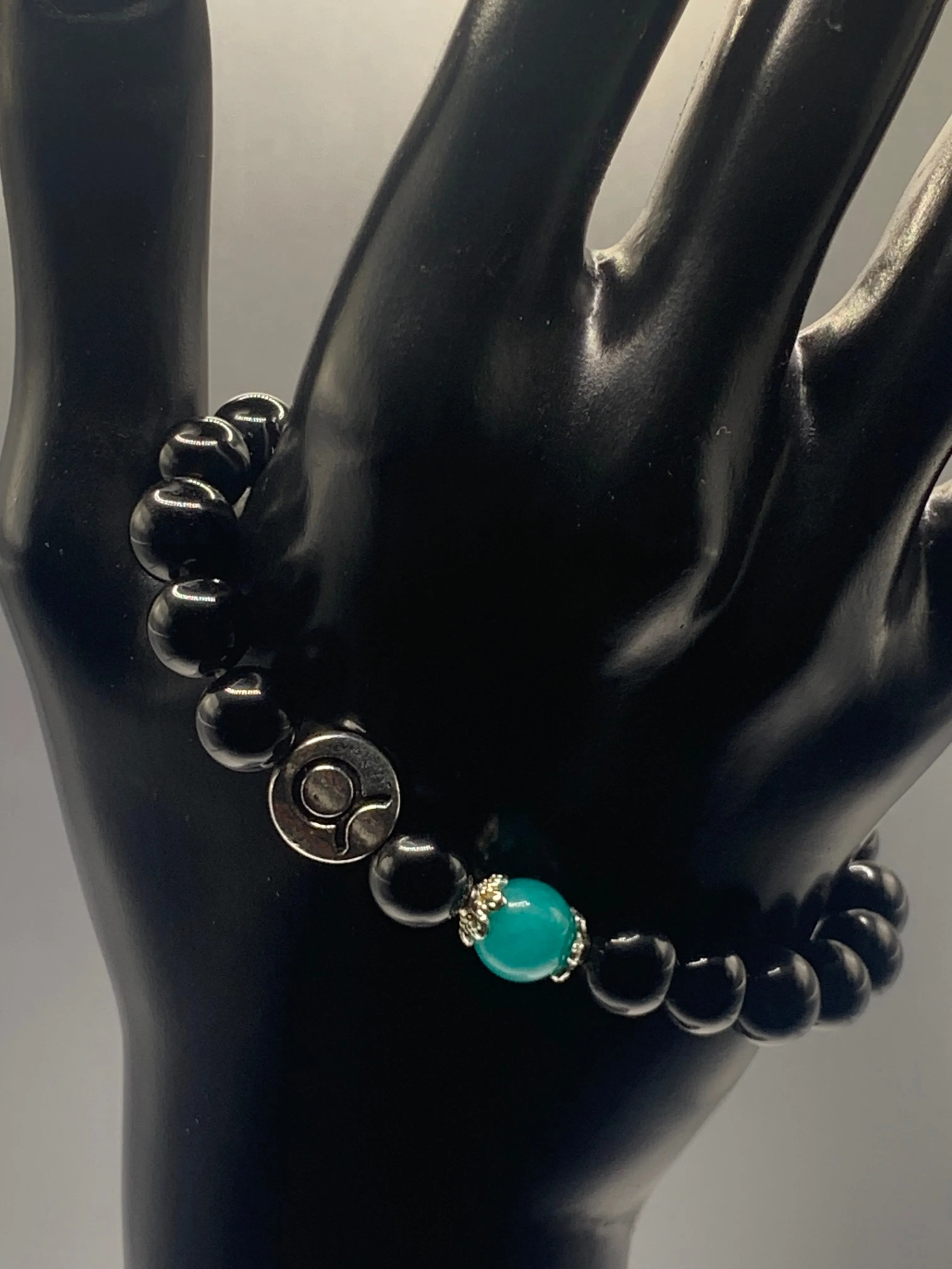 Taurus Zodiac black obsidian with aquamarine chalcedony semi precious stone/crystal elastic beaded bracelet with silver accents