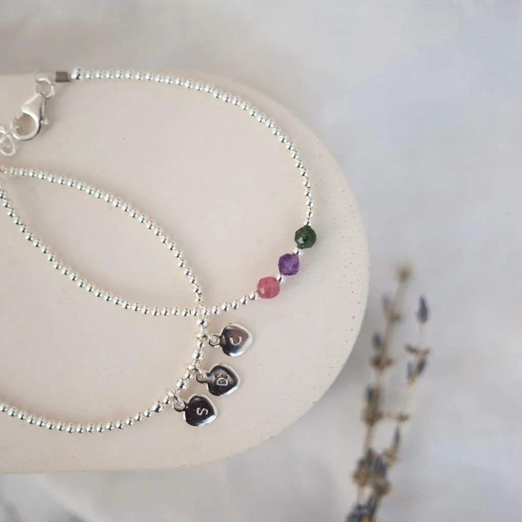 Two Bracelet Set for Mums Personalised Family Birthstones & Initials, Dainty Sterling Silver Family Jewellery for Mothering Sunday  Gift