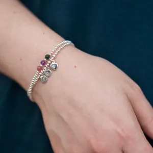 Two Bracelet Set for Mums Personalised Family Birthstones & Initials, Dainty Sterling Silver Family Jewellery for Mothering Sunday  Gift