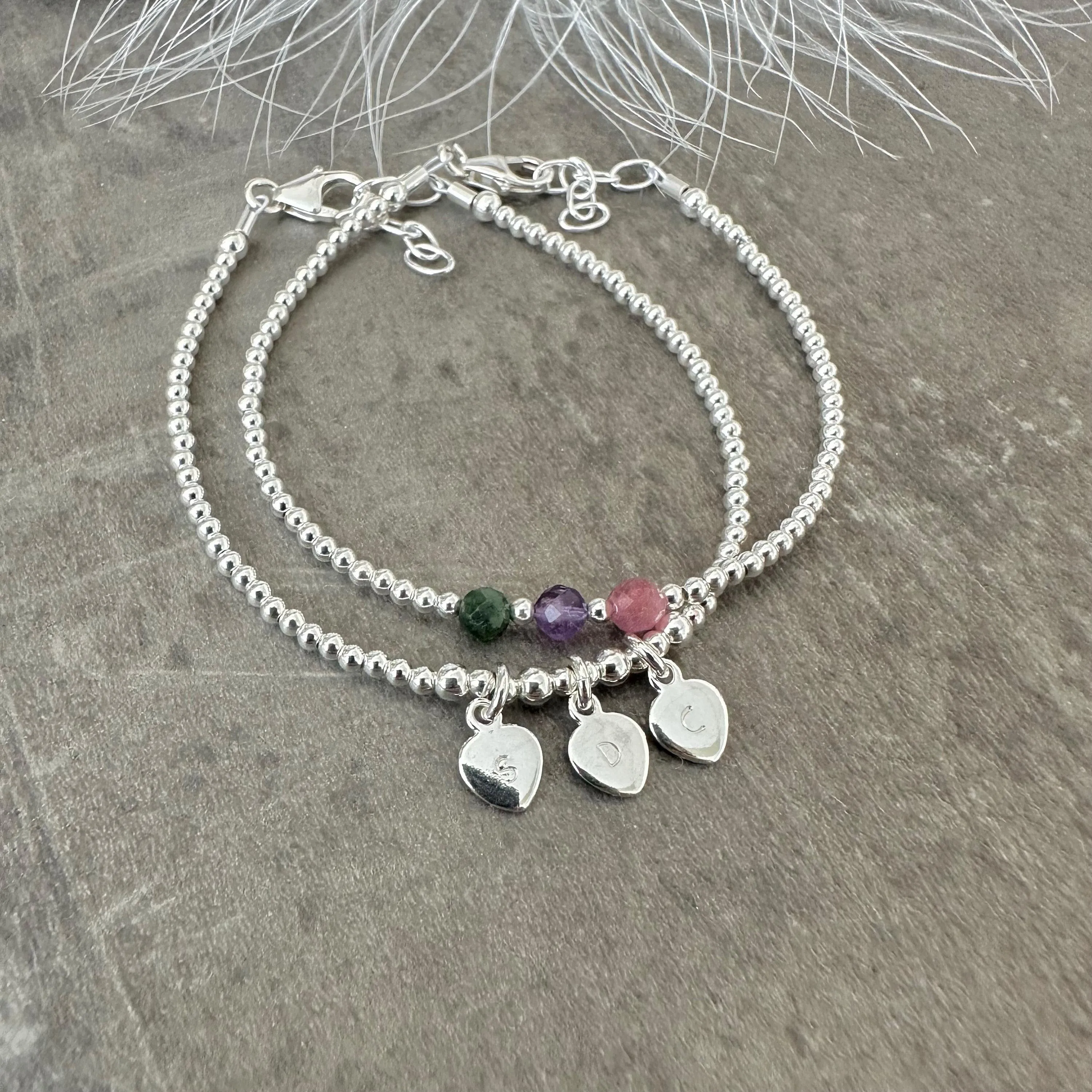 Two Bracelet Set for Mums Personalised Family Birthstones & Initials, Dainty Sterling Silver Family Jewellery for Mothering Sunday  Gift