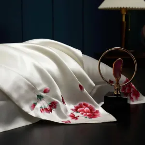 White Blossom Elegance: Pure Mulberry Silk Pillowcase with Red Floral Embroidery